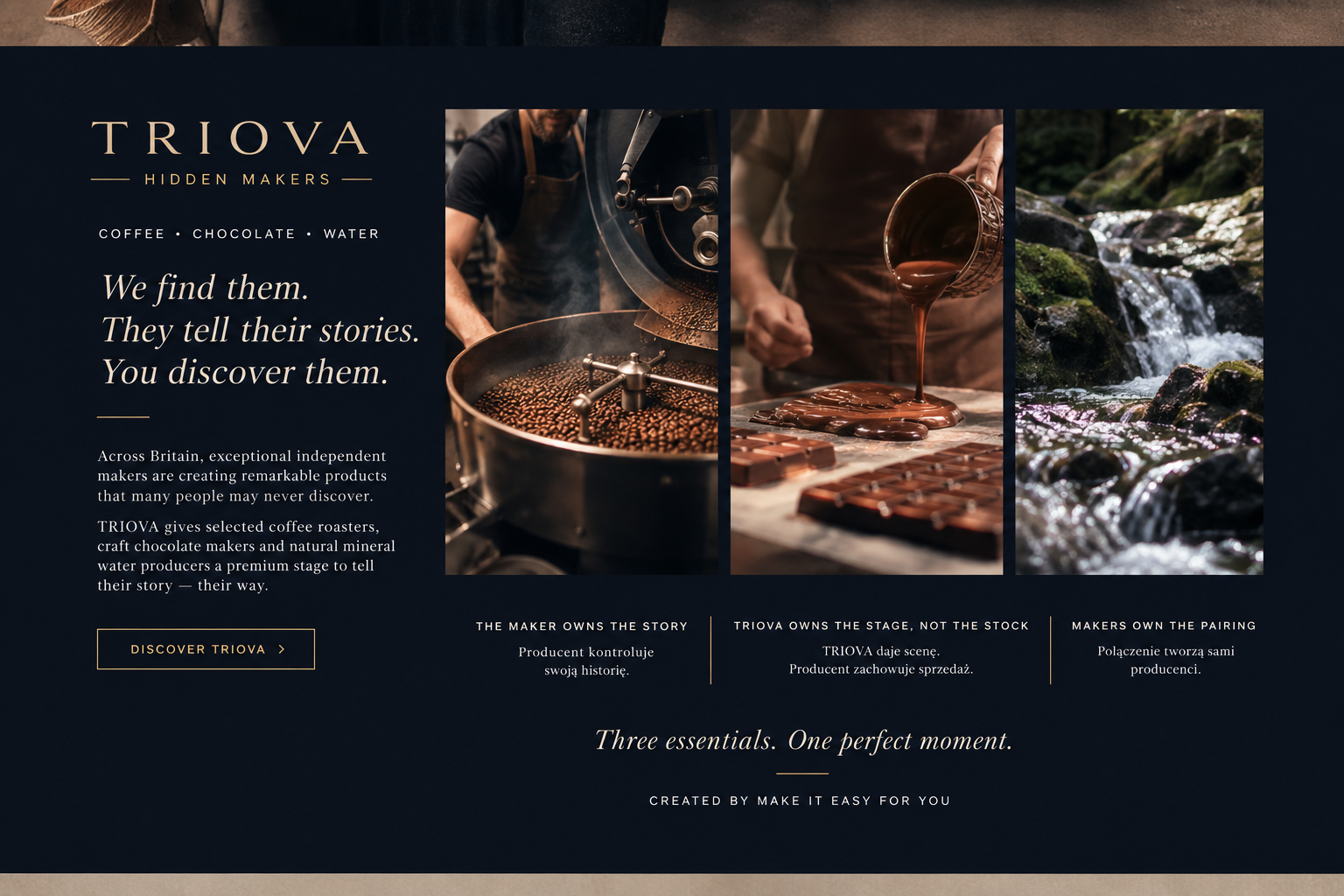 TRIOVA Hidden Makers presentation featuring coffee roasting, chocolate craft and natural water